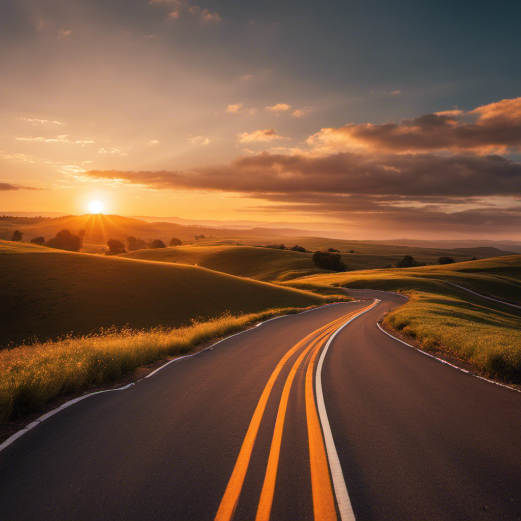 An image showcasing a winding road leading to a radiant sunset, symbolizing the journey towards financial freedom