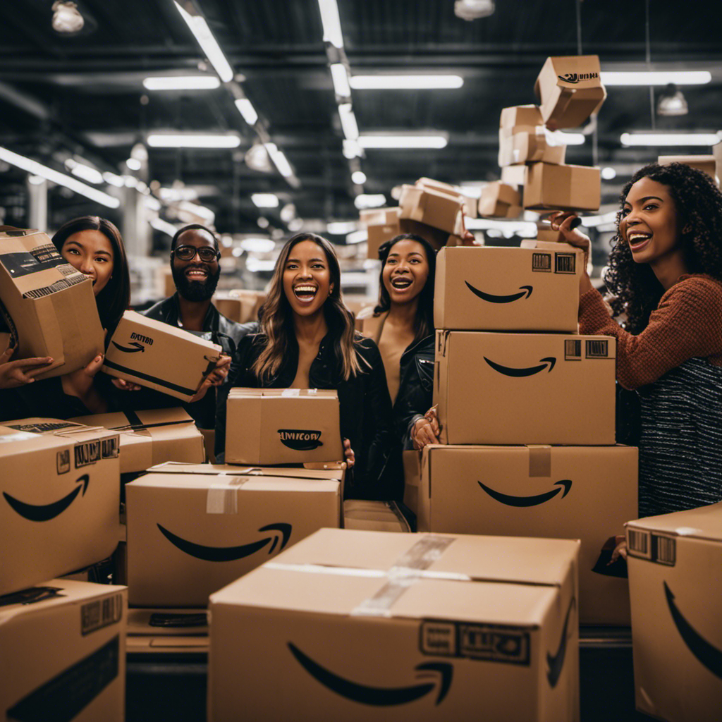 An image showcasing a diverse group of product testers holding Amazon packages, with genuine excitement on their faces, contrasted by a stack of fake reviews in the background, symbolizing the power of honest feedback in combating deception