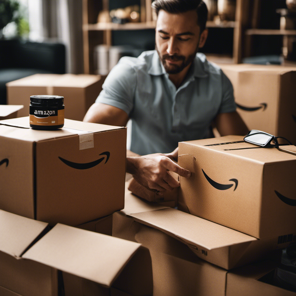 A captivating image showcasing a person unboxing a package filled with various Amazon products, eagerly trying them out and providing feedback, highlighting the steps to begin as an Amazon product tester