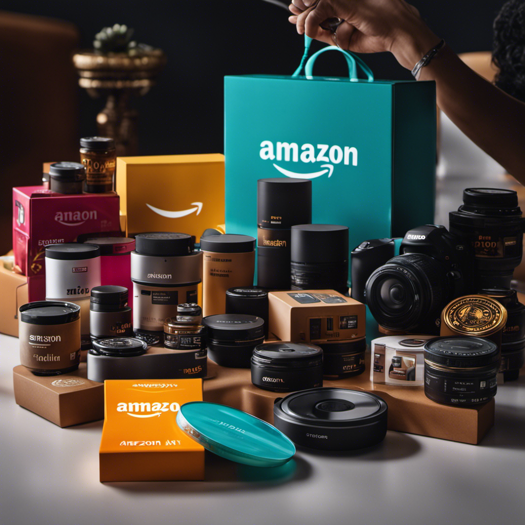 An image showcasing a person holding a variety of Amazon products, surrounded by a balanced scale symbolizing fairness