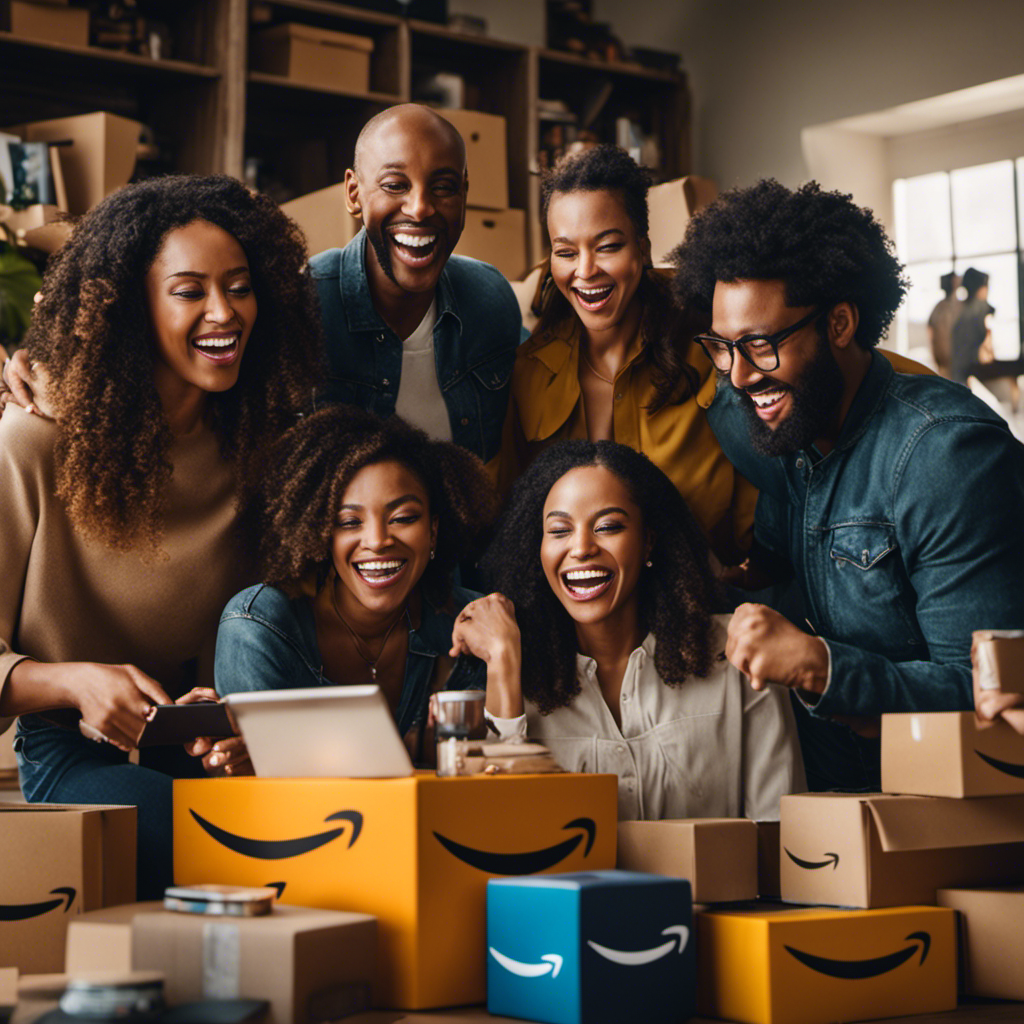 An image showcasing a diverse group of happy individuals surrounded by a variety of Amazon products, highlighting their excitement and gratitude while reviewing items, revealing the secrets to thriving as an Amazon product tester