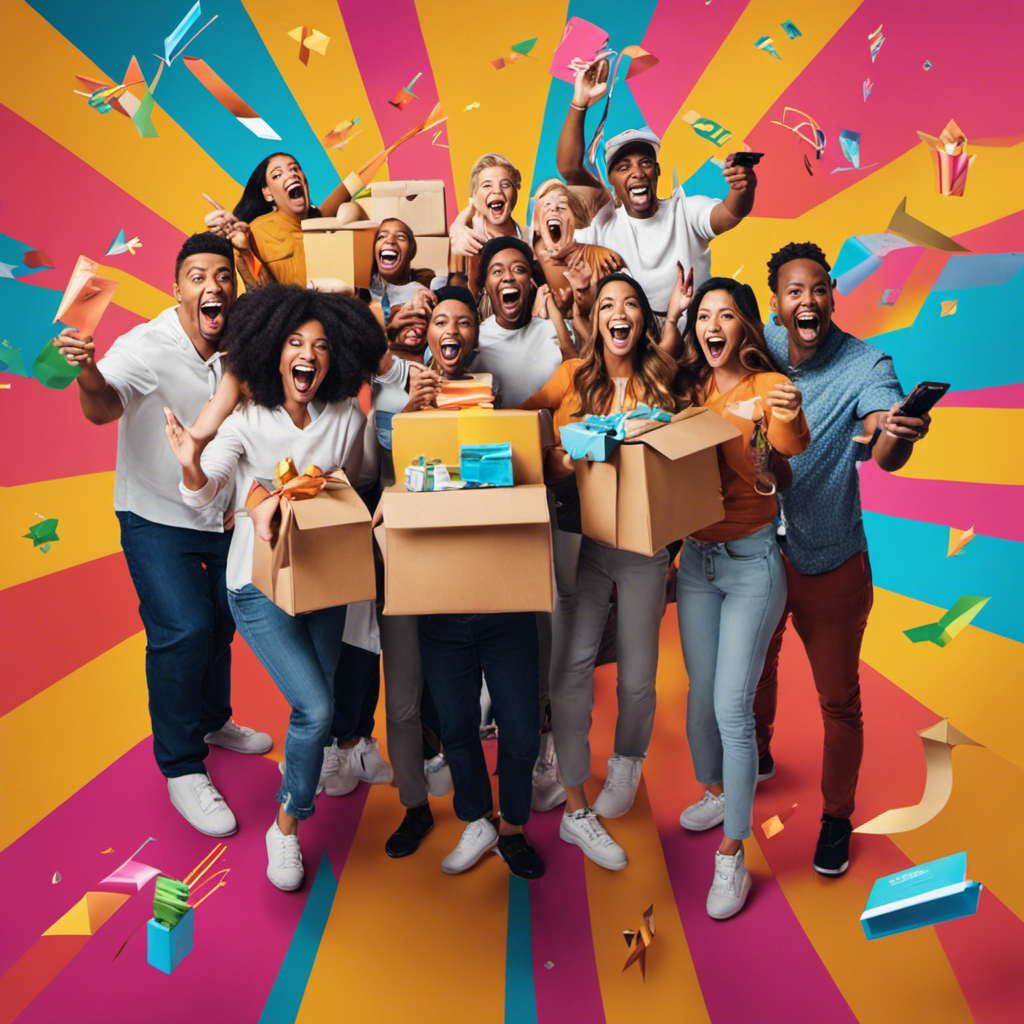 An image showcasing a diverse group of excited individuals holding various Amazon products, surrounded by colorful arrows pointing towards them