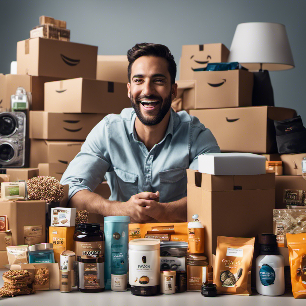 An image of a smiling person surrounded by a pile of free products, showcasing the excitement and joy of being an Amazon product tester
