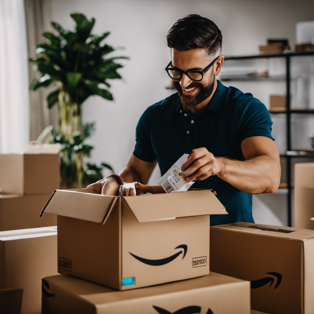 An image showcasing a person joyfully unboxing a package filled with various Amazon products, capturing the excitement and satisfaction of being an Amazon product tester
