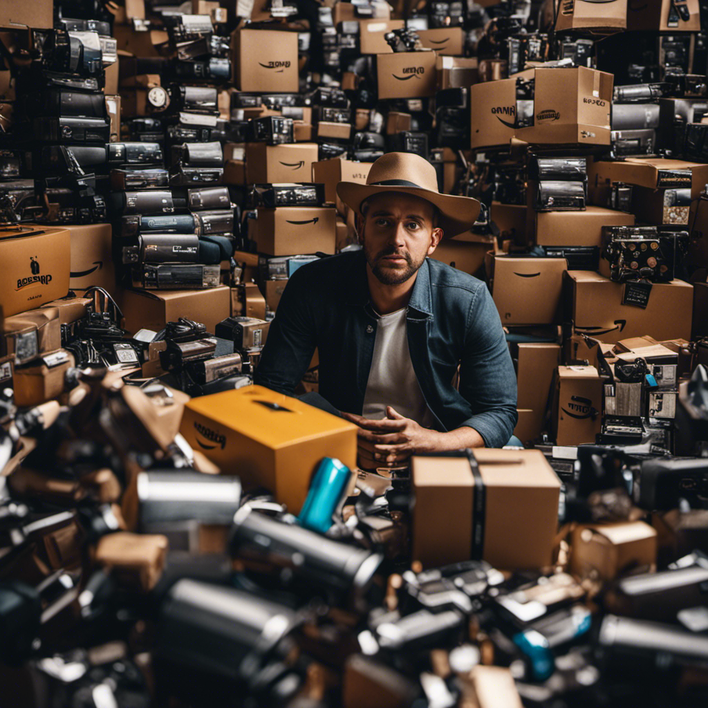 An image showcasing a frustrated Amazon product tester surrounded by a mountain of defective products, overwhelmed by the challenge of providing honest feedback while striving to earn freebies and cash
