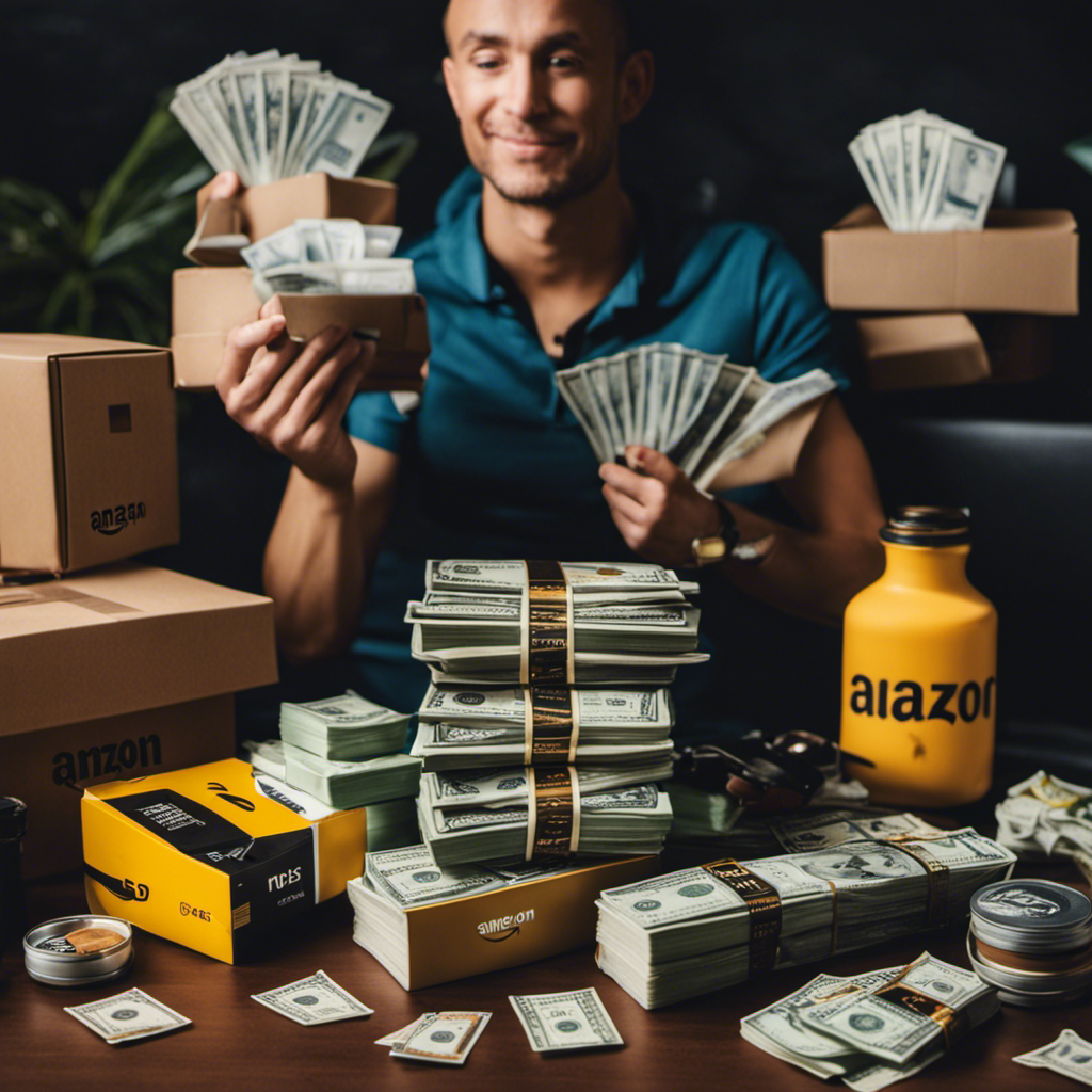 An image showcasing a person holding various Amazon products, surrounded by a stack of cash and an assortment of freebies