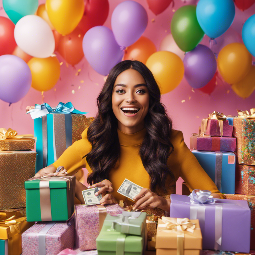 An image showcasing a smiling person surrounded by a variety of Amazon product boxes, holding a stack of cash and gift cards, while colorful confetti and balloons fill the background
