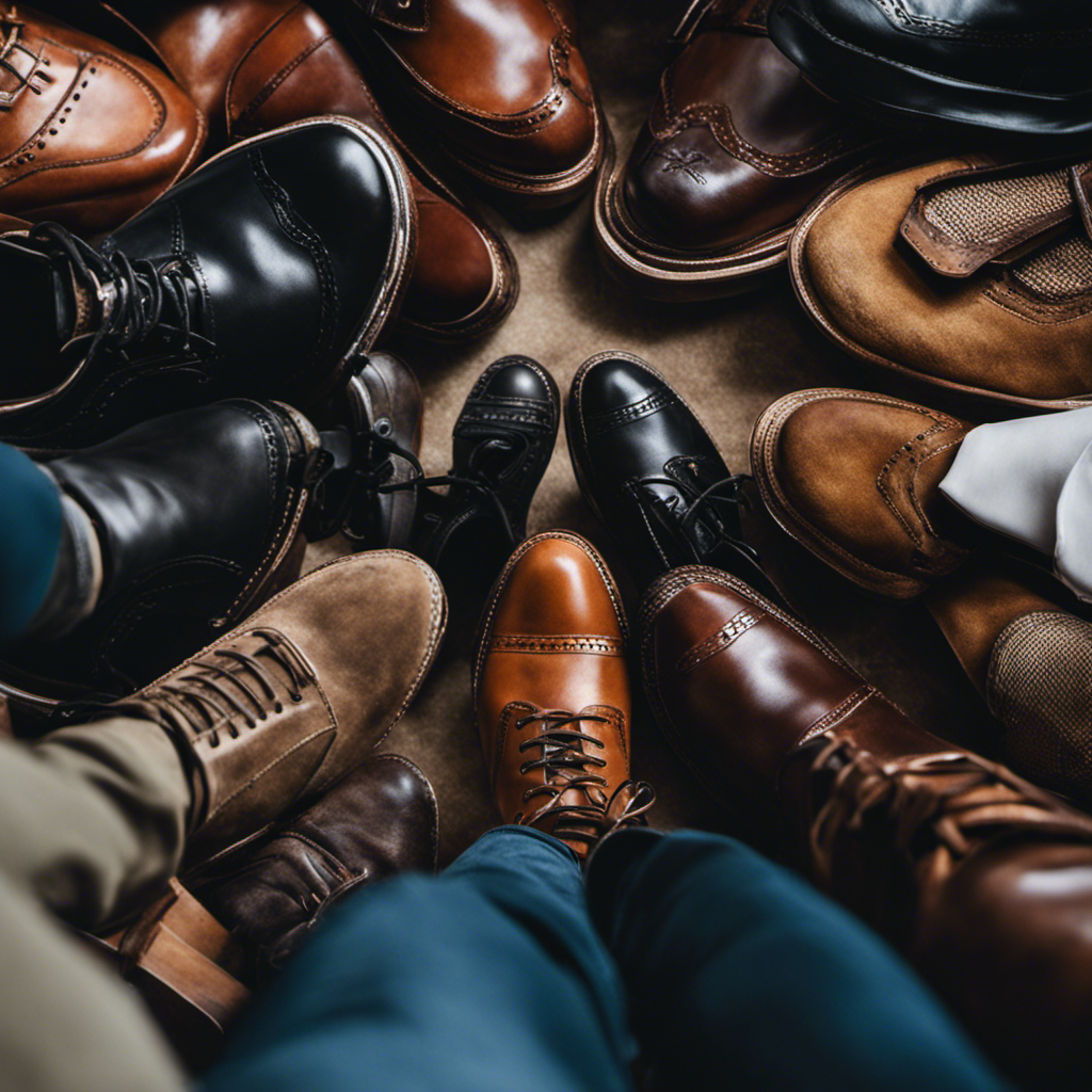 An image featuring a diverse range of masculine feet in various footwear styles, including sneakers, boots, and dress shoes