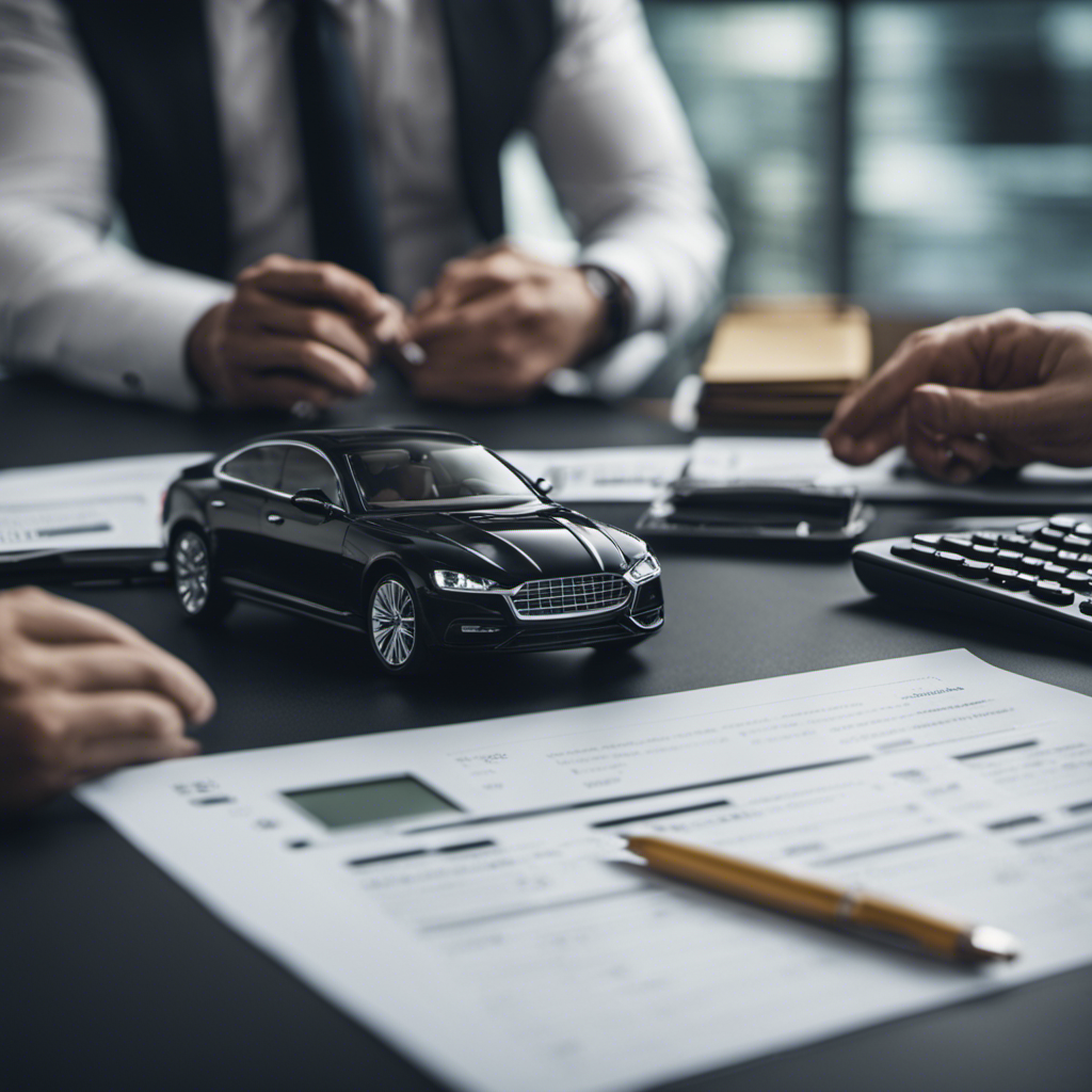 An image depicting a diverse group of financial experts discussing key factors that influence car budgets, such as income, monthly expenses, loan interest rates, and depreciation, while a calculator and a car silhouette symbolize financial calculations