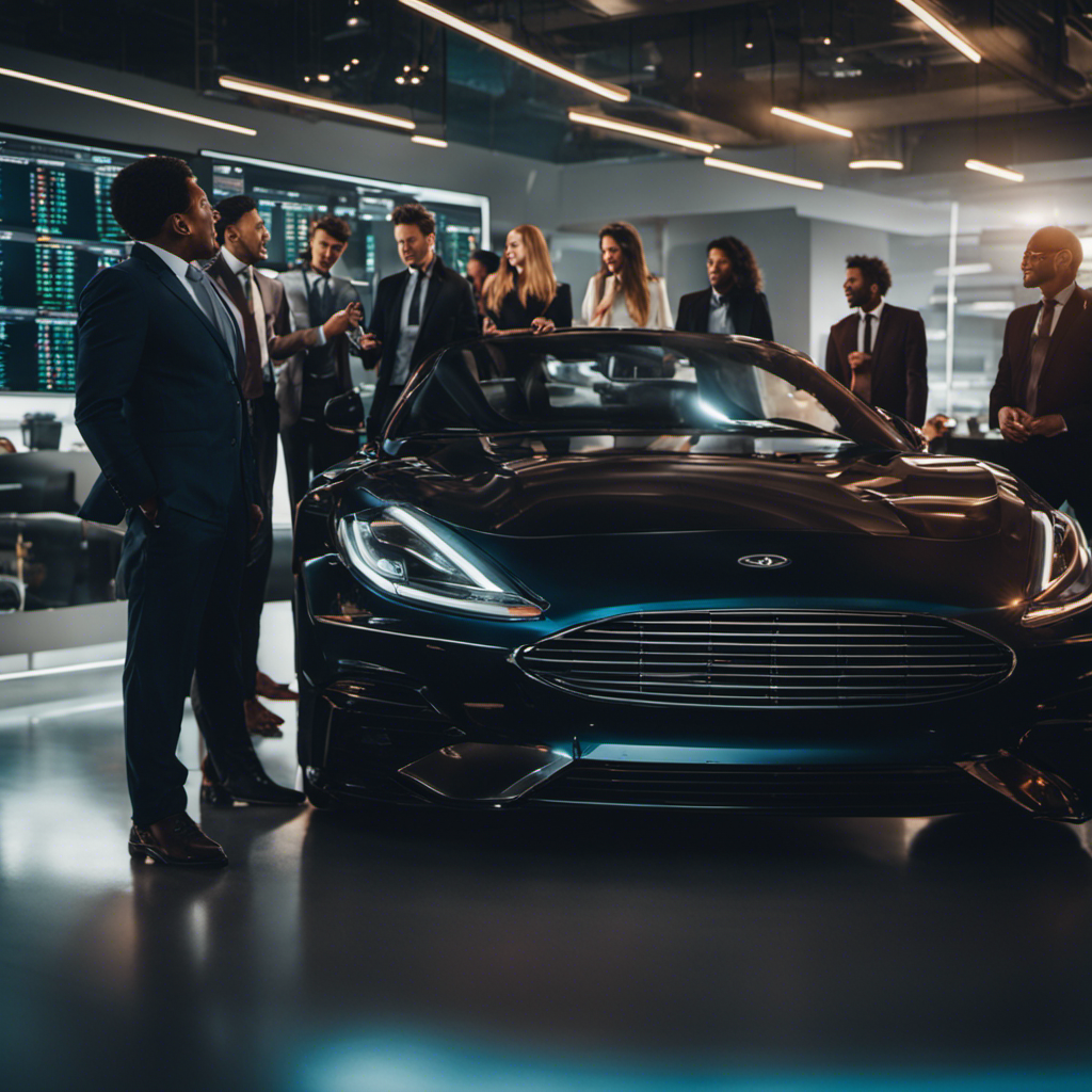 An image featuring a diverse group of financial experts huddled around a sleek car, analyzing charts and spreadsheets, their expressions reflecting a blend of expertise and excitement