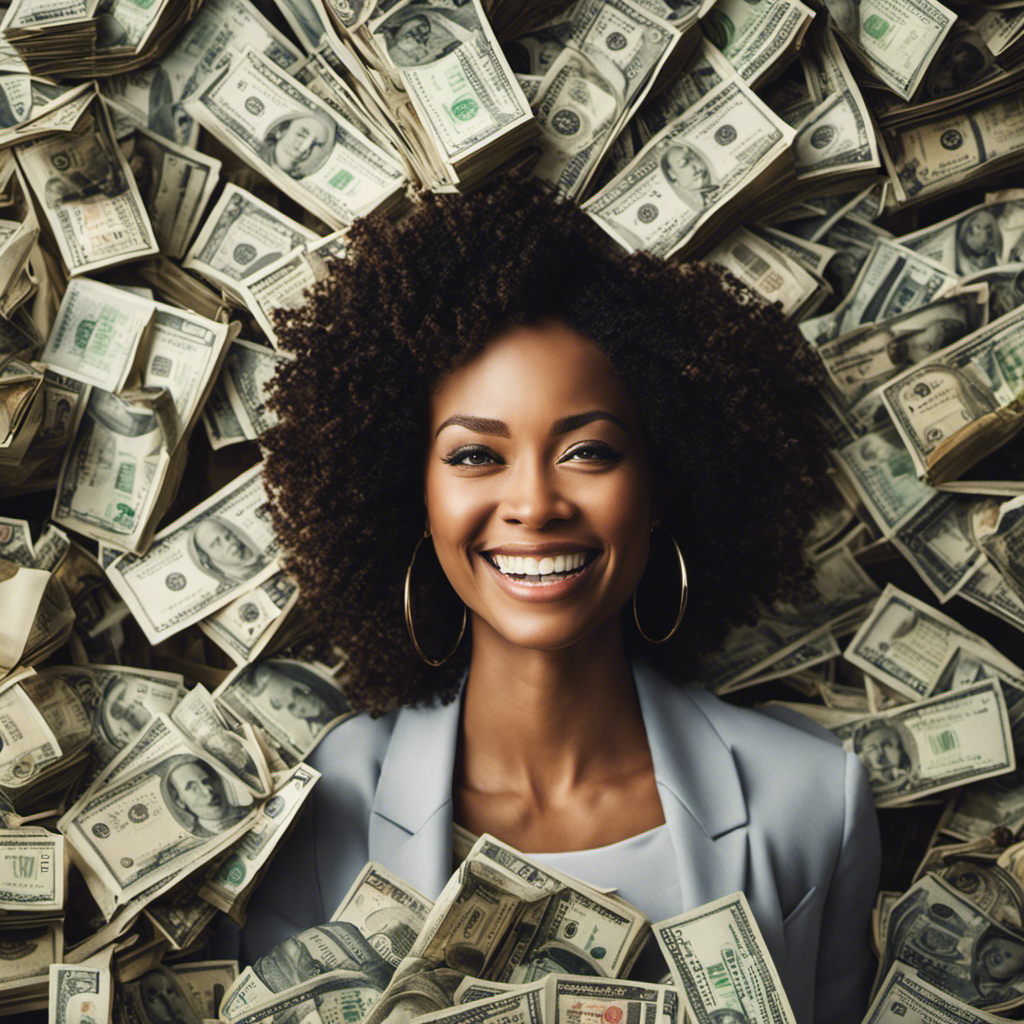 An image showcasing a diverse group of moms engaging in various flexible jobs, such as virtual assistants, freelance writers, and online tutors, highlighting their financial success through visuals like stacks of money and smiling faces