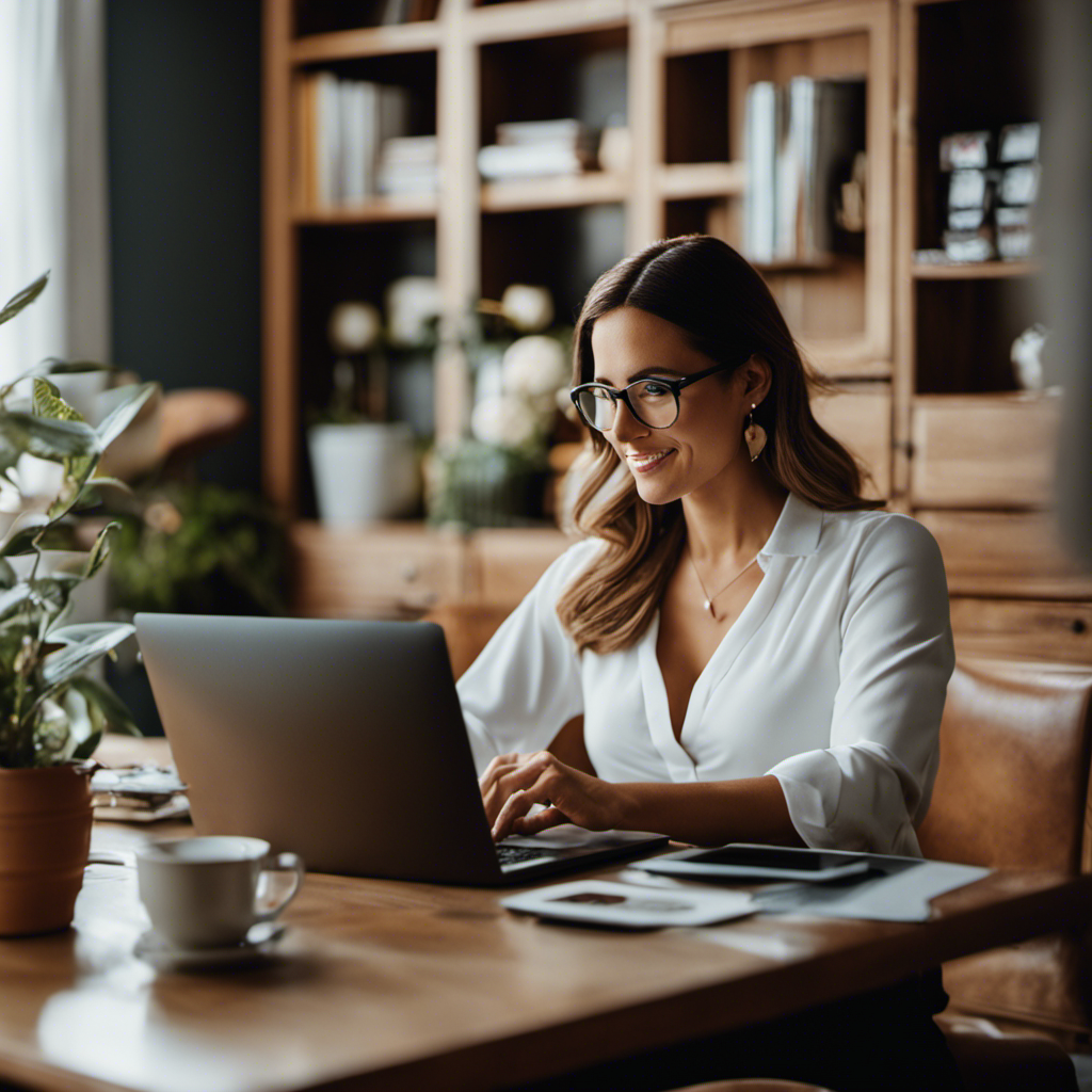 An image showcasing a mom, comfortably working from home, surrounded by various local business marketing tools
