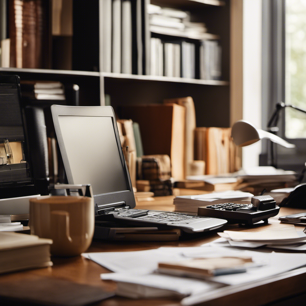An image featuring a cozy home office with a desk adorned with a laptop, calculator, and a stack of invoices
