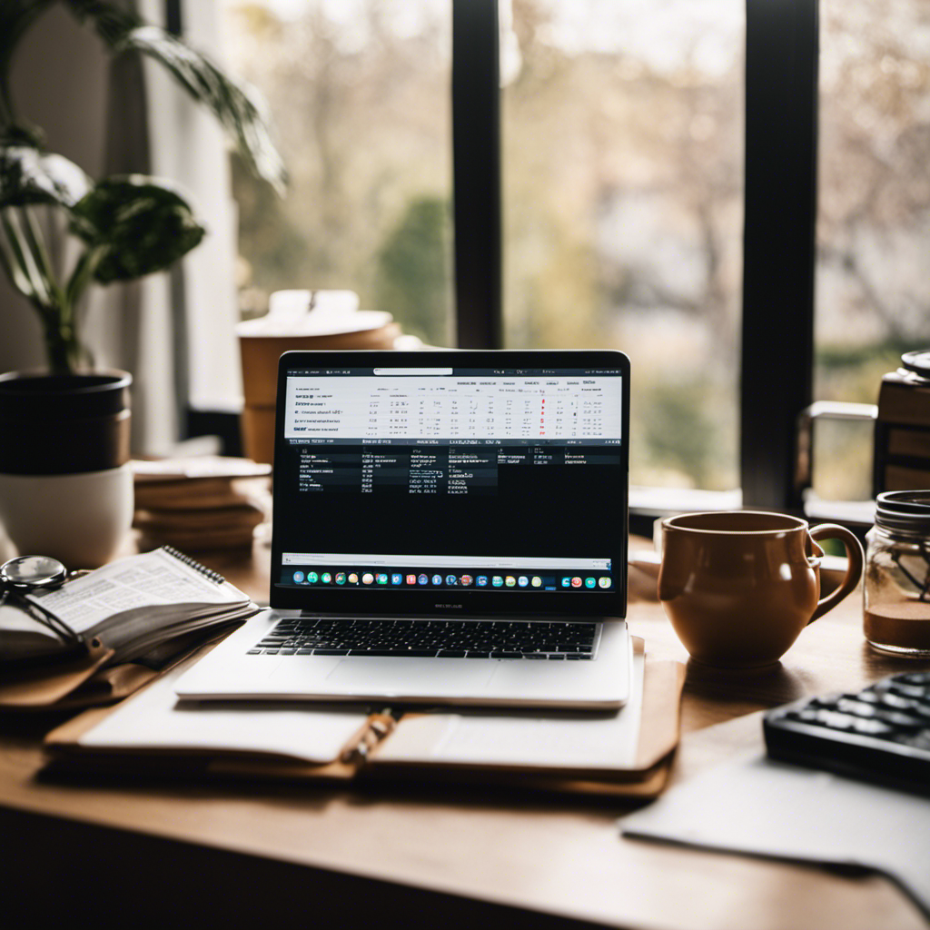 An image showcasing a cozy home office setup with a laptop, a cup of coffee, and a budget spreadsheet