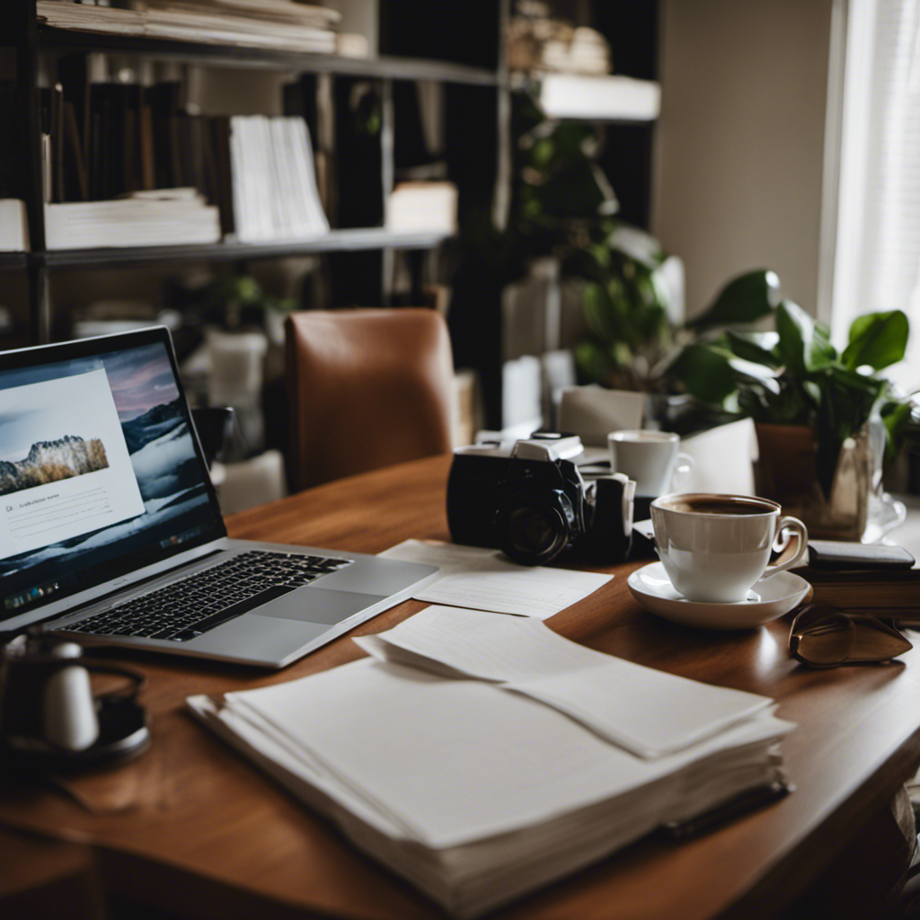 An image showcasing a cozy home office with a laptop and stacks of papers, surrounded by serene decor