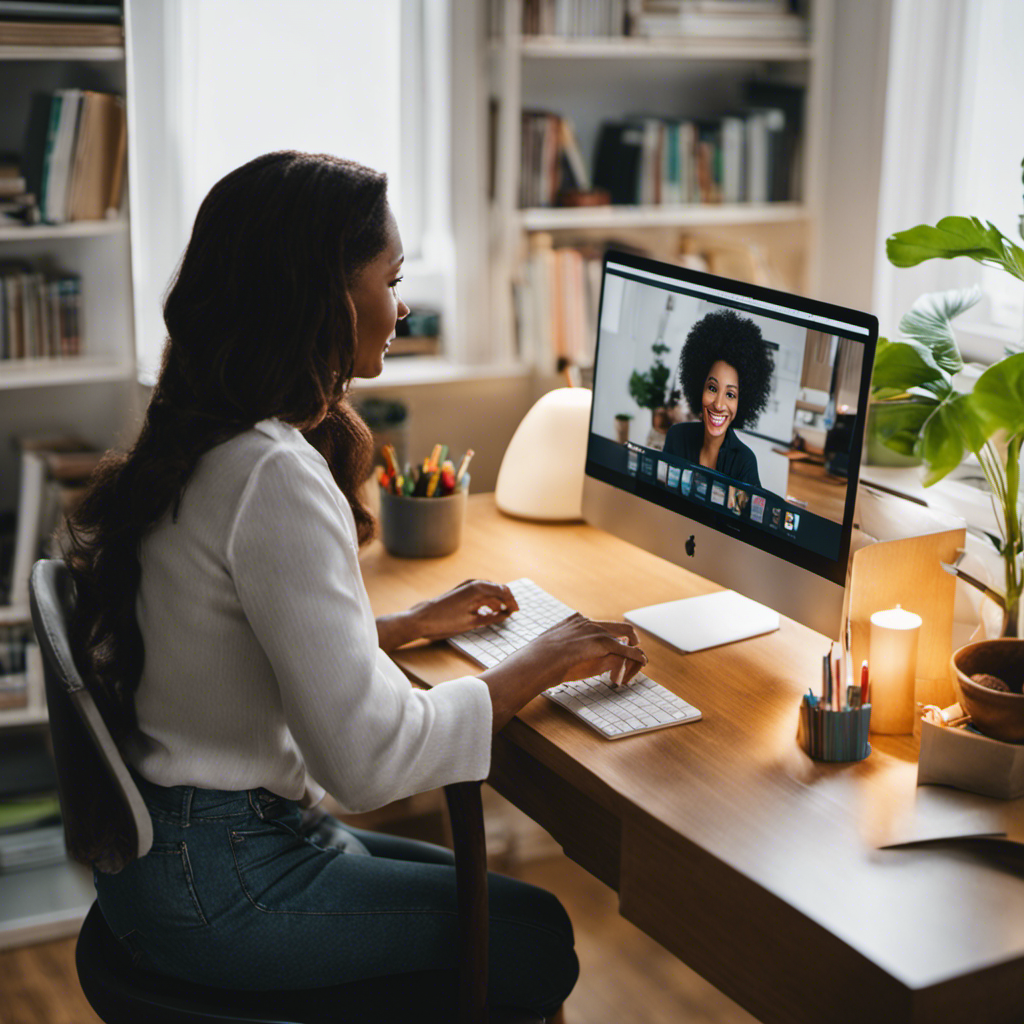 An image showcasing a mother sitting comfortably at her home office desk, adorned with educational materials, as she engages in an online tutoring session with a smiling student on her computer screen