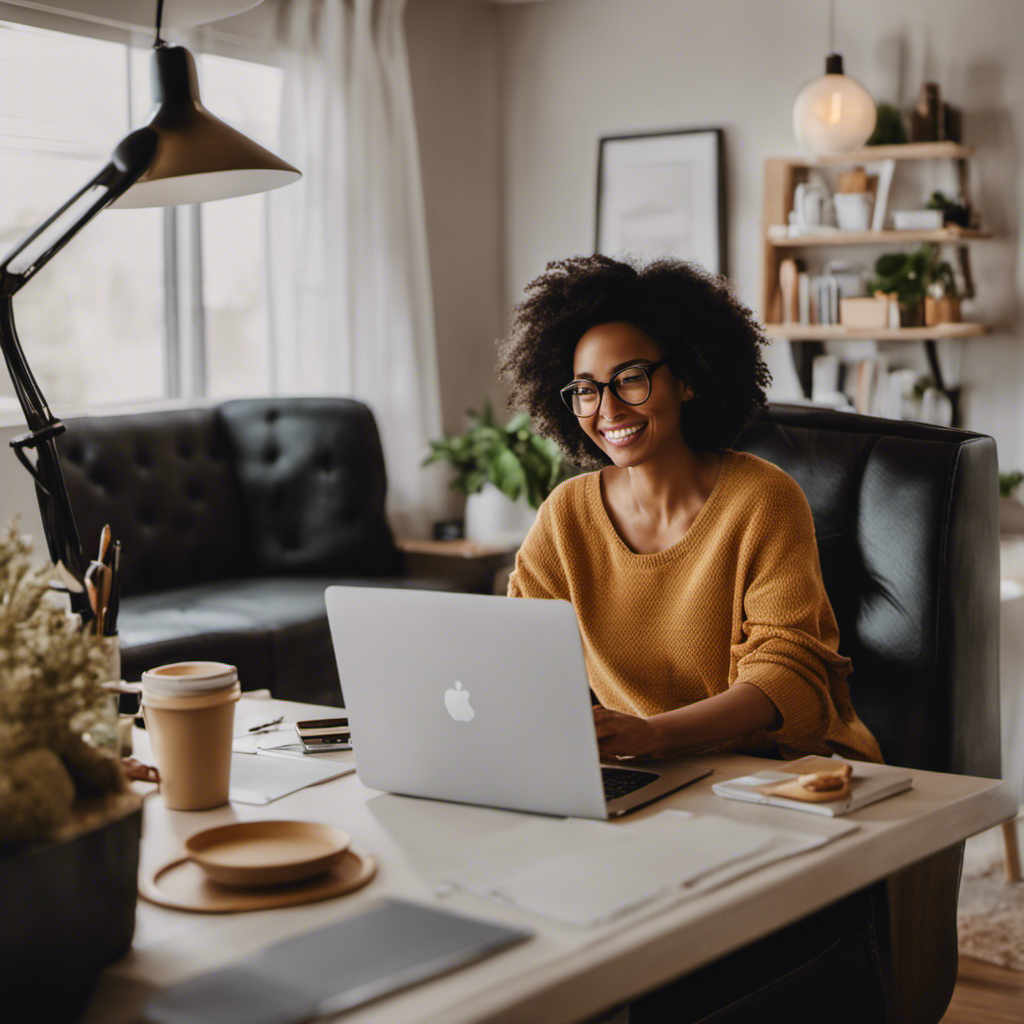 An image showcasing a mother happily working from home, surrounded by a cozy and organized workspace