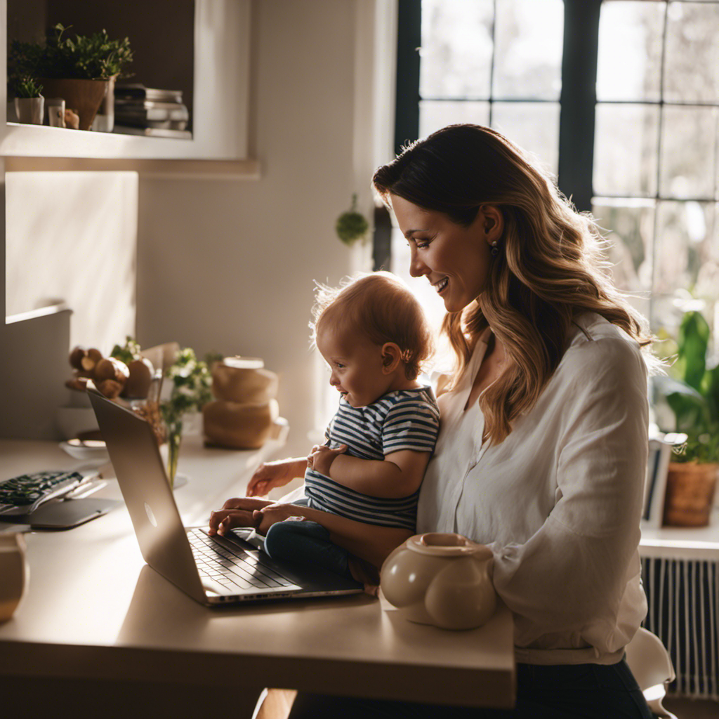 An image showcasing a mother working from home in a cozy, sunlit room