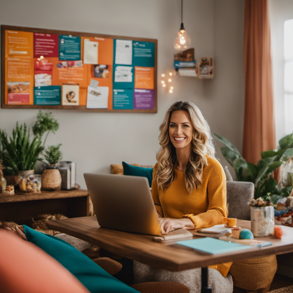An image featuring a cheerful stay-at-home mom sitting at a laptop in a cozy living room, surrounded by a colorful bulletin board displaying diverse job options such as virtual assistant, online tutoring, freelance writing, and social media management