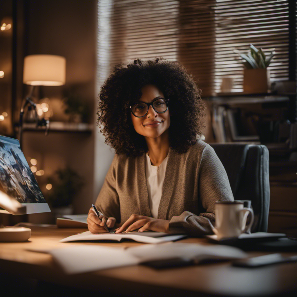 An image showcasing a mother confidently working from home in her cozy office space, surrounded by a variety of flexible job options like freelance writing, virtual assistance, online tutoring, and graphic design