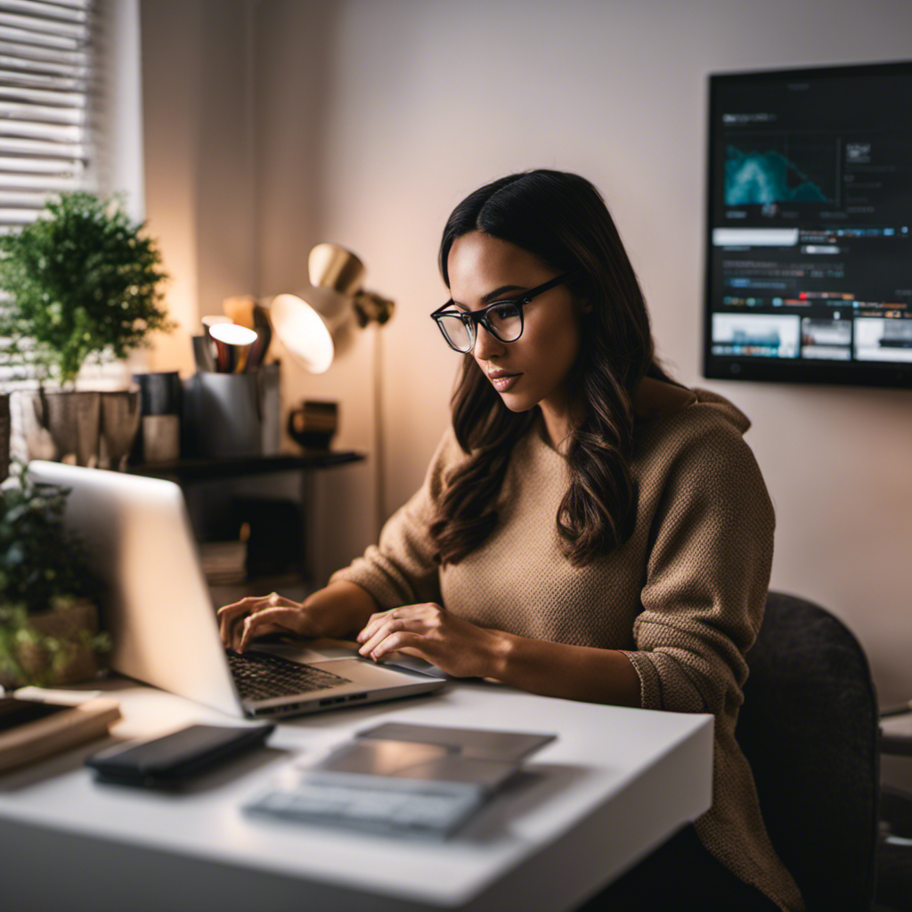 An image showcasing a stay-at-home mom working on a laptop, surrounded by various specialized tools and software like graphic design programs, virtual meeting software, and productivity apps