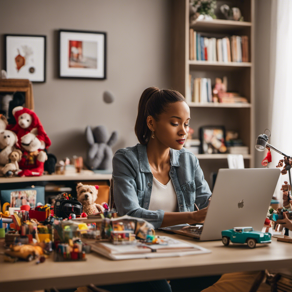 An image of a mother sitting at a desk in a cozy home office, surrounded by toys and family photos