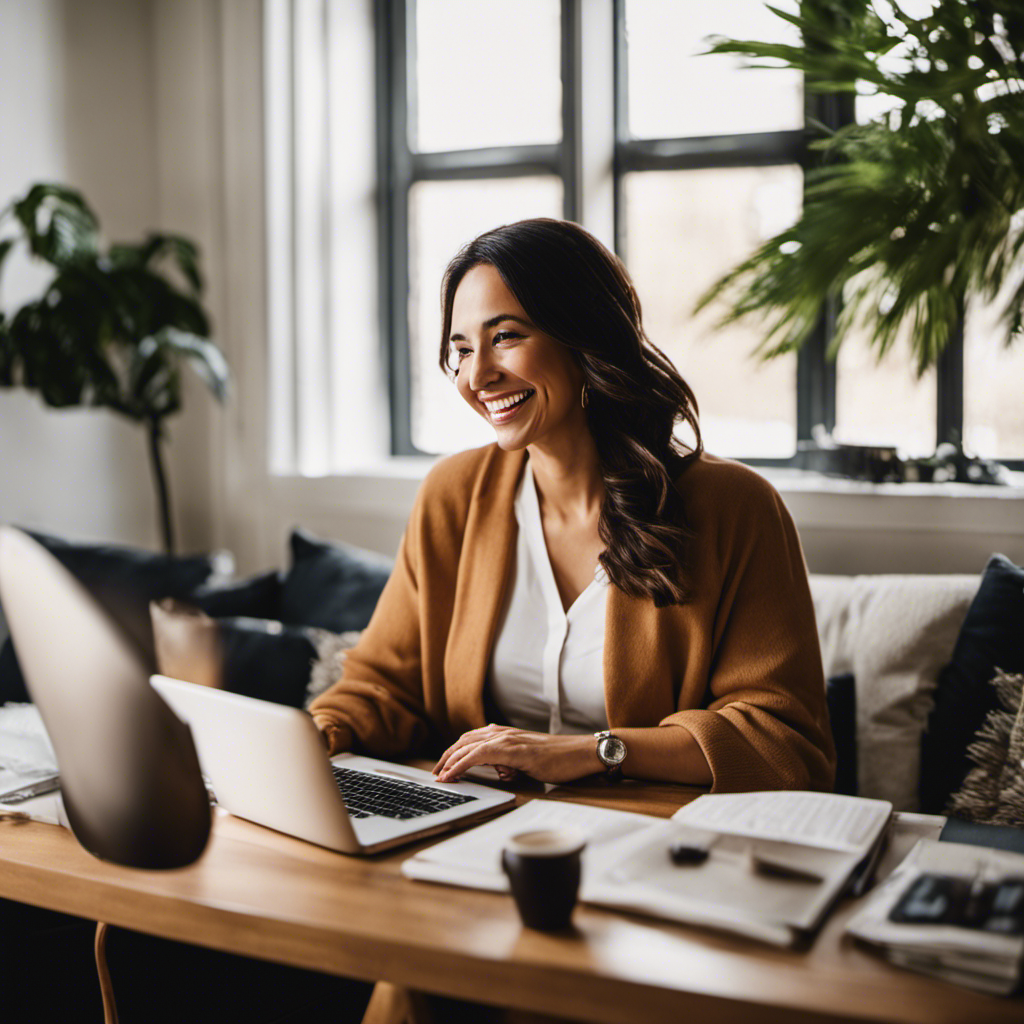 An image showcasing a smiling mother comfortably working from home, surrounded by a cozy setting with a laptop, coffee, and a social media calendar, emphasizing the flexibility and fulfillment of social media marketing for moms