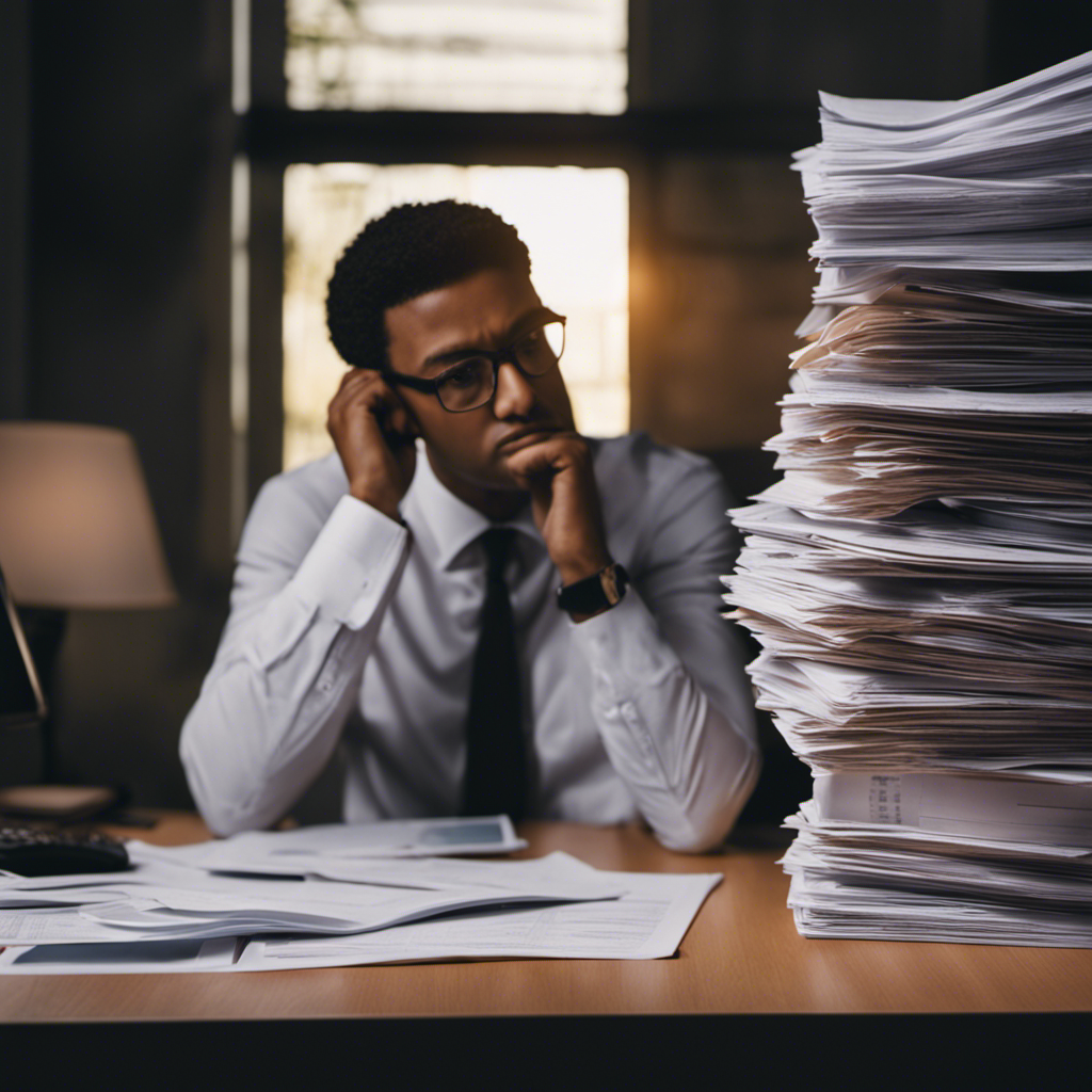 An image showcasing a person sitting at a desk, surrounded by piles of credit reports and financial documents