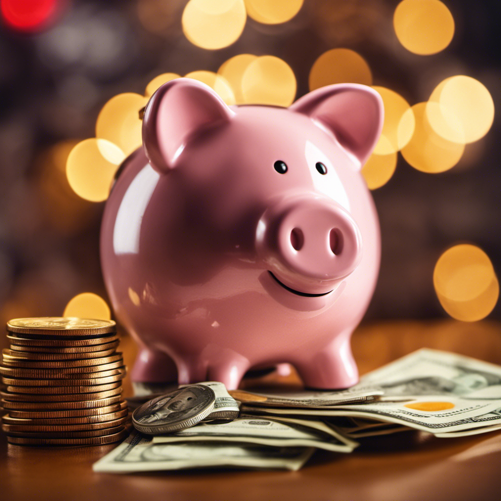 An image depicting a piggy bank overflowing with money and a beaming credit score meter in the background, showcasing the direct correlation between a good credit score and substantial savings
