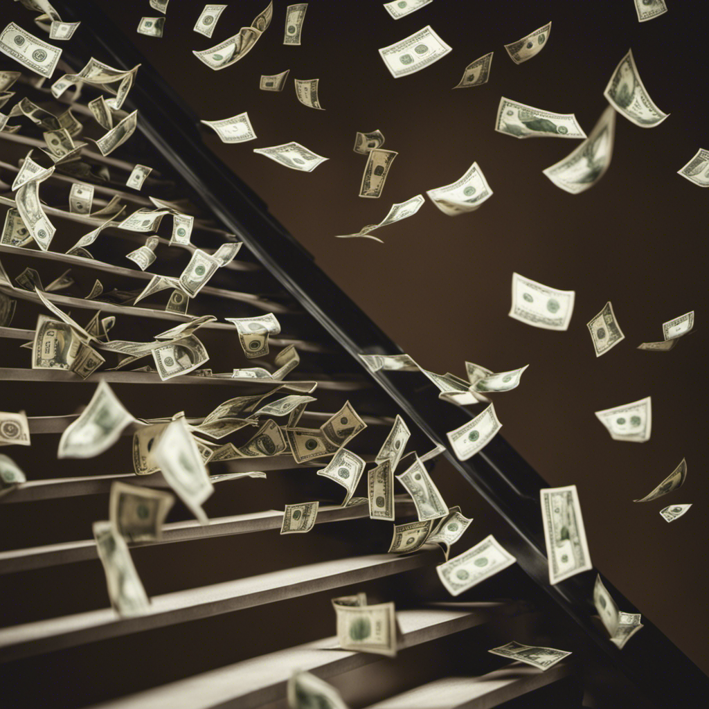 An image depicting a person triumphantly climbing a staircase of dollar bills, each step representing a proactive action to improve credit rating: paying bills on time, reducing debt, disputing errors, and using credit responsibly