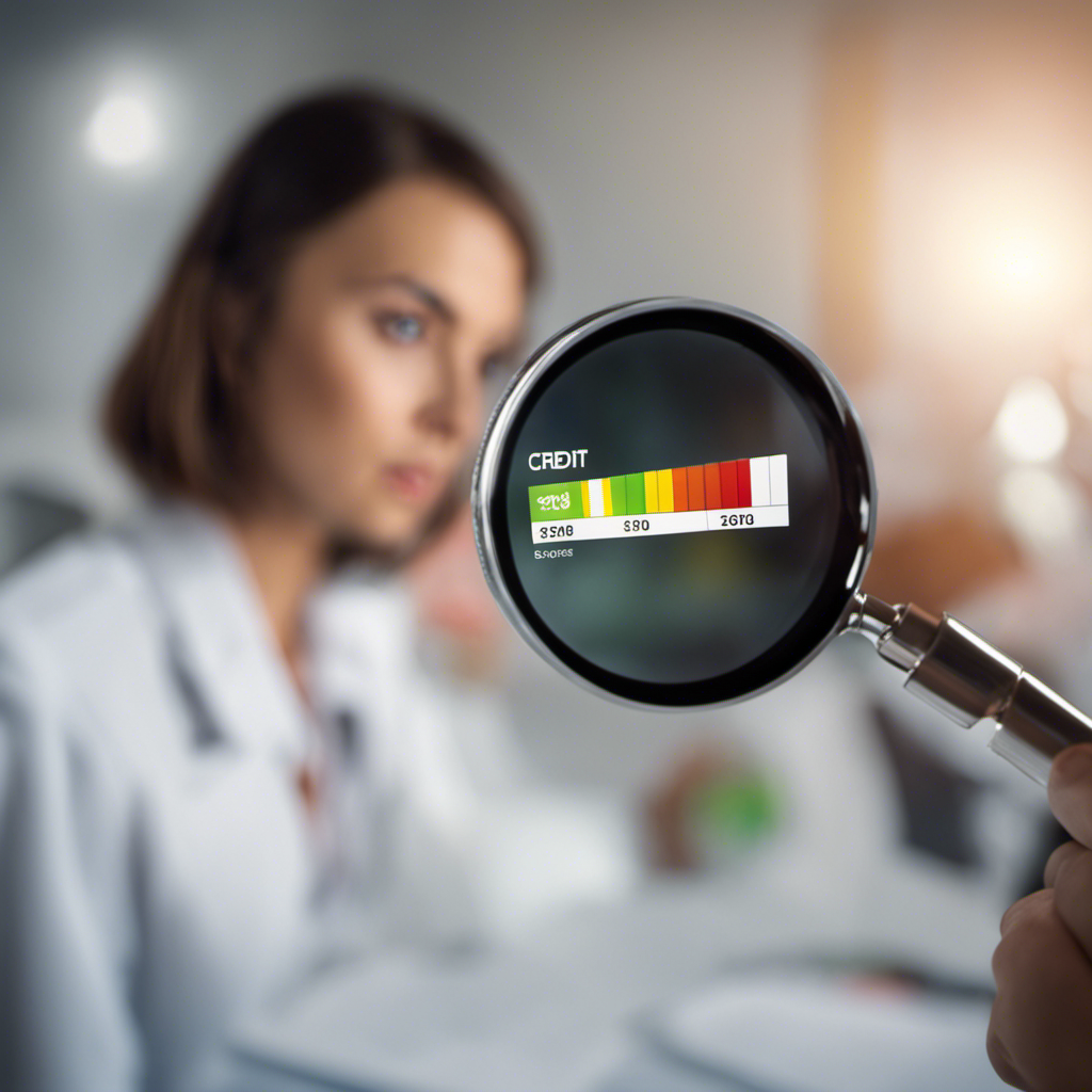 An image depicting a person holding a magnifying glass, examining a credit score report filled with positive and negative factors