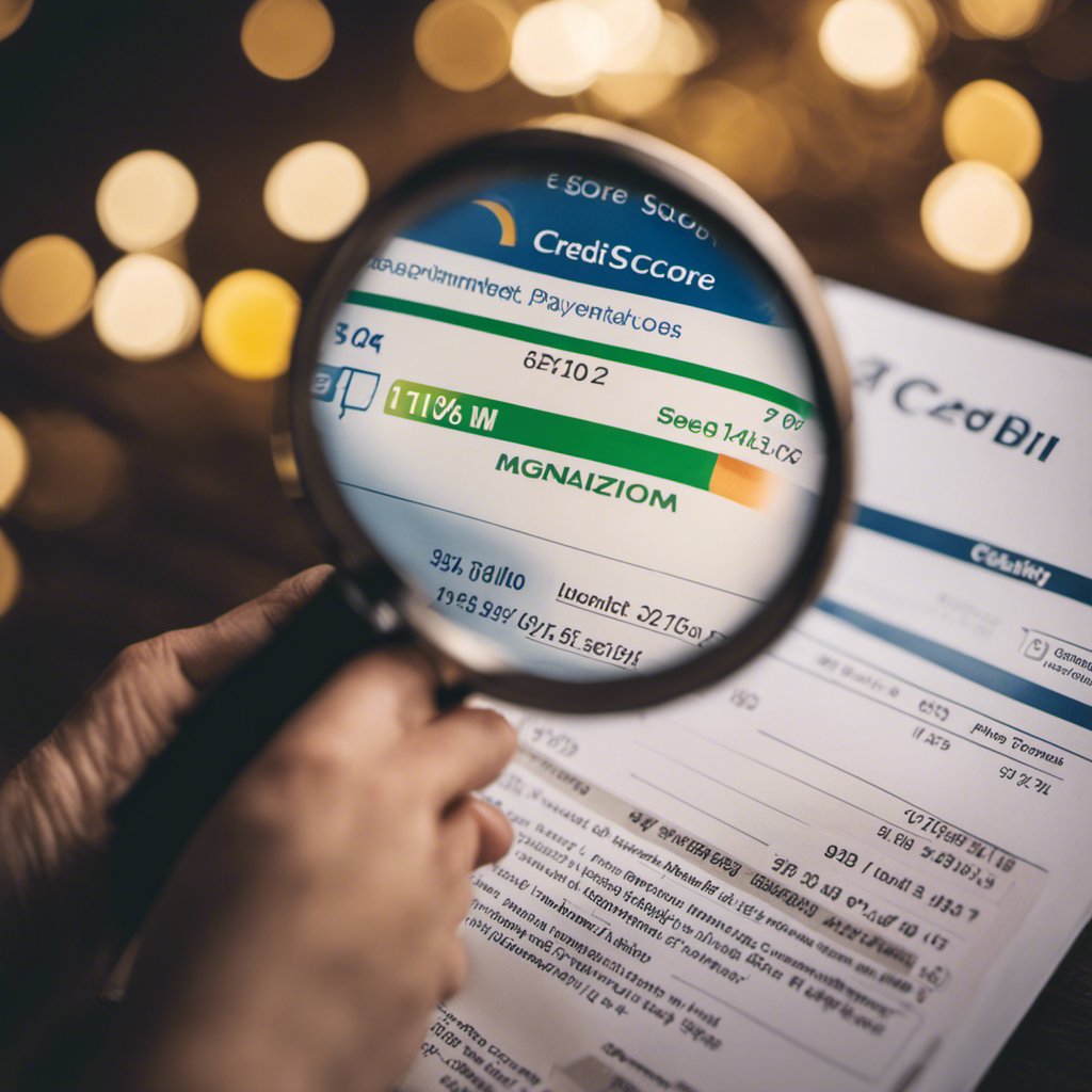 An image depicting a person holding a magnifying glass, examining a credit score report with various factors like payment history, credit utilization, and length of credit history, symbolizing the importance of understanding credit scores