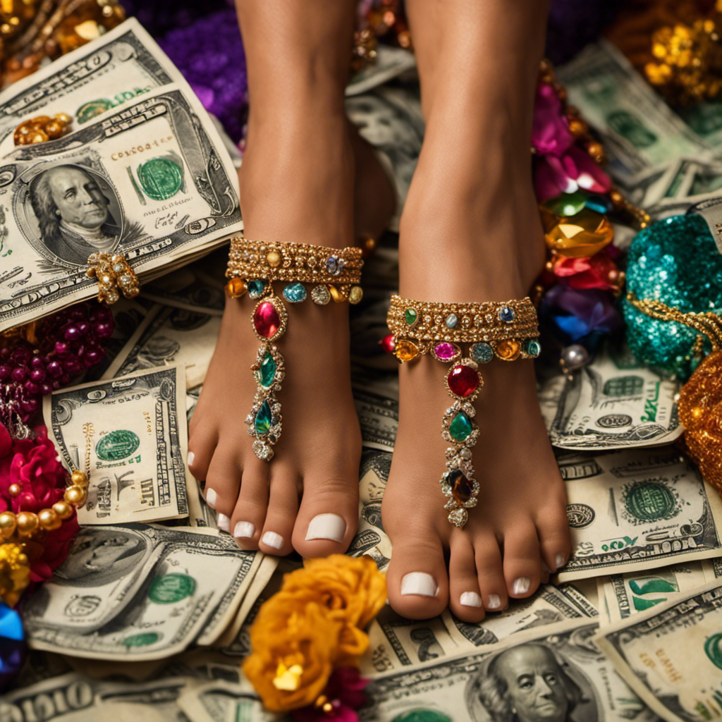 An image showcasing a pair of well-groomed feet adorned with elegant jewelry, positioned against a backdrop of colorful dollar bills
