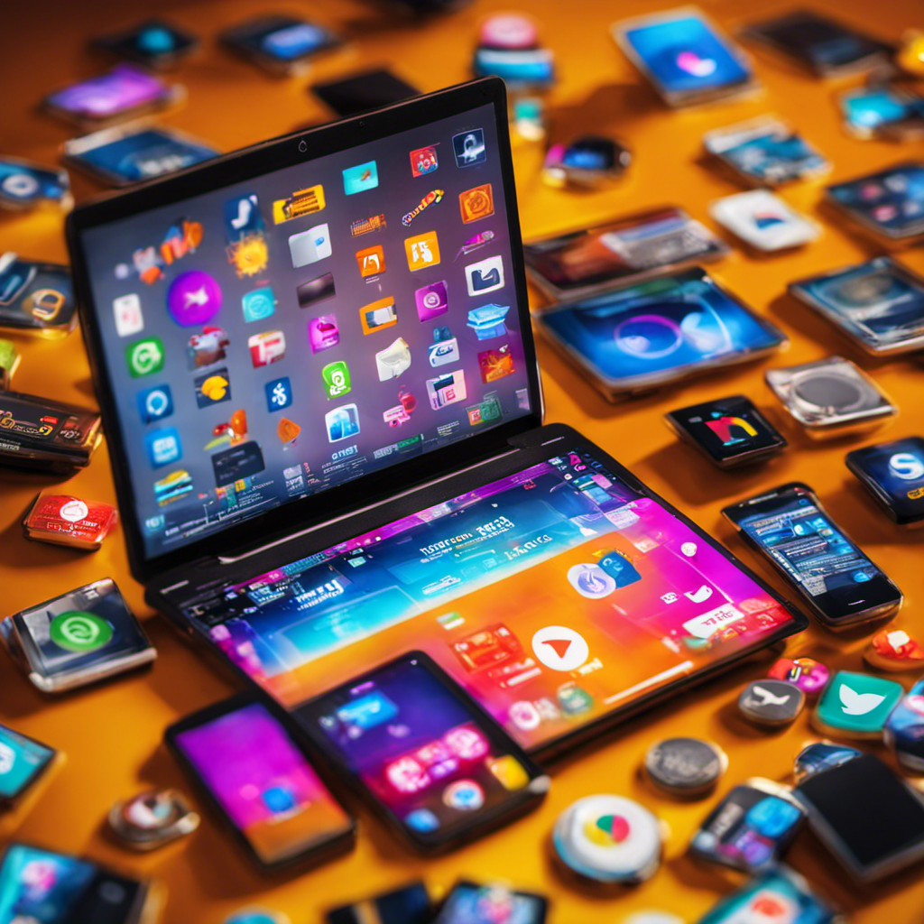 An image featuring a laptop showcasing popular websites like "FeetFinder" and "InstaFeet," with colorful icons representing footprints, dollar signs, and notifications, all surrounded by a vibrant background of footprints
