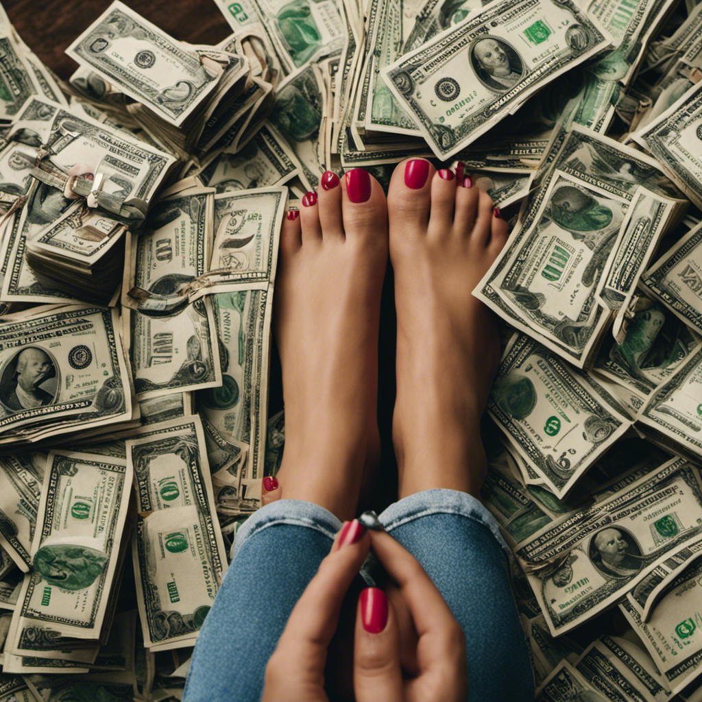 An image that showcases a person holding a stack of dollar bills while their feet, adorned with trendy nail polish and accessories, are positioned in front