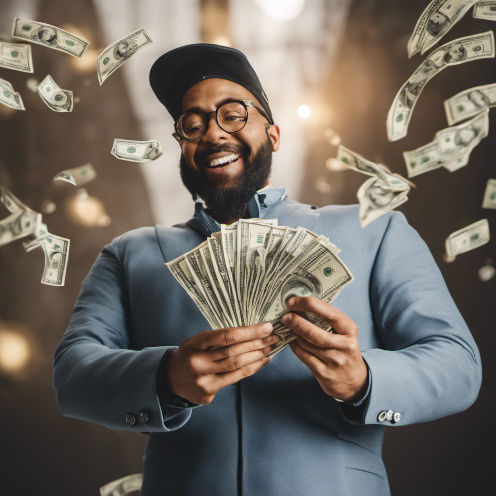 An image showing a happy person holding a wad of cash with a thought bubble above their head