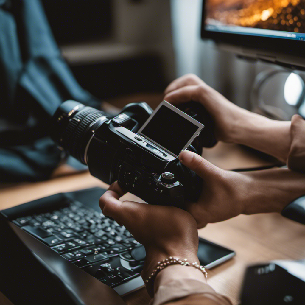 An image showcasing various steps to sell feet pics online: a person taking high-quality photos of their feet, editing them on a computer, uploading them to a website, receiving payments, and finally, counting cash