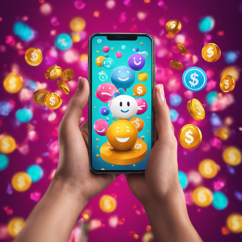 An image showcasing a person holding their phone with a smile, surrounded by virtual dollar signs and colorful rewards, highlighting the potential to earn $100 on KashKick