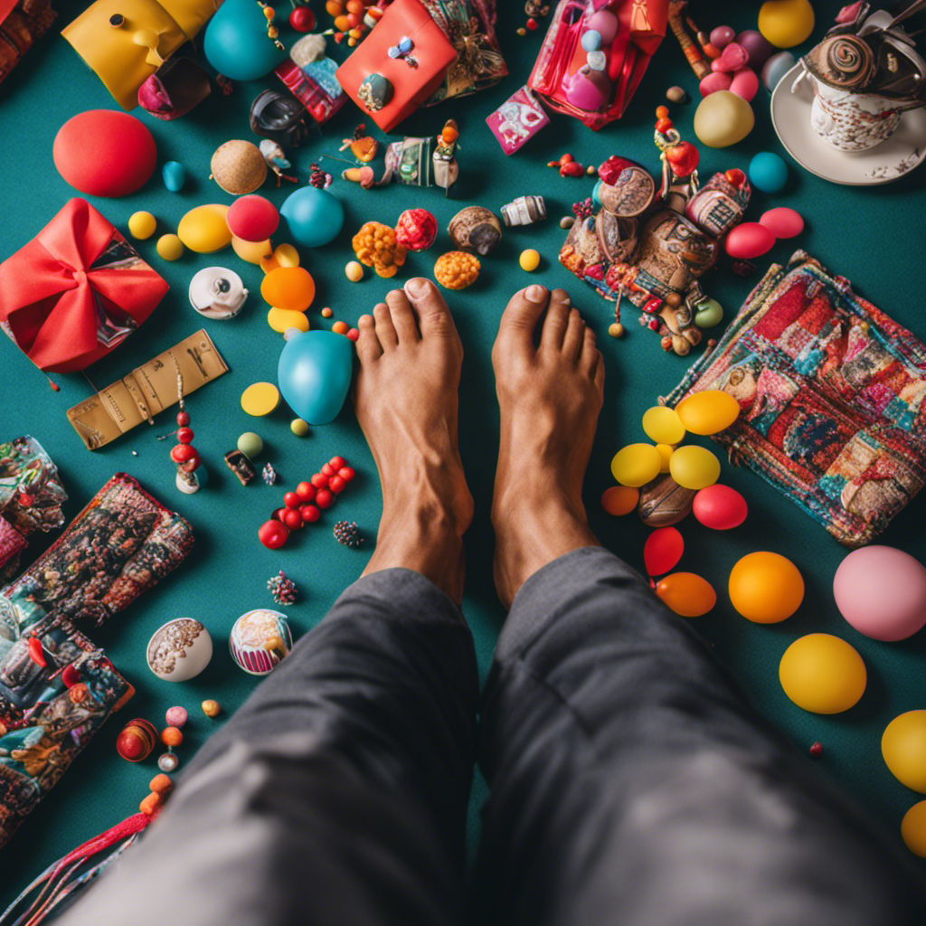 An image showcasing a diverse range of male feet, each striking a unique pose, surrounded by colorful, eye-catching props that reflect various interests and hobbies
