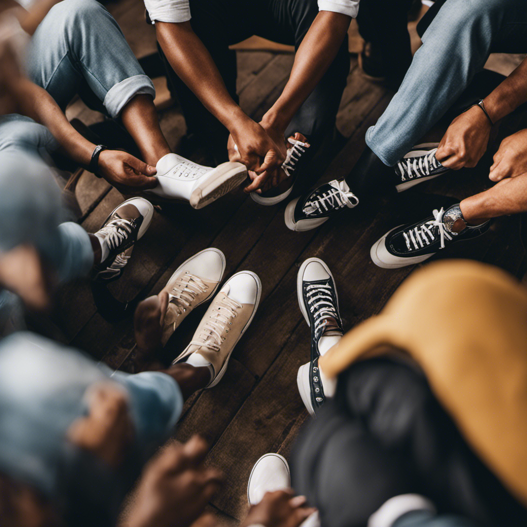 An image showcasing a diverse online community of men selling their feet pics, with individuals from various backgrounds actively engaging and supporting each other in their entrepreneurial journey