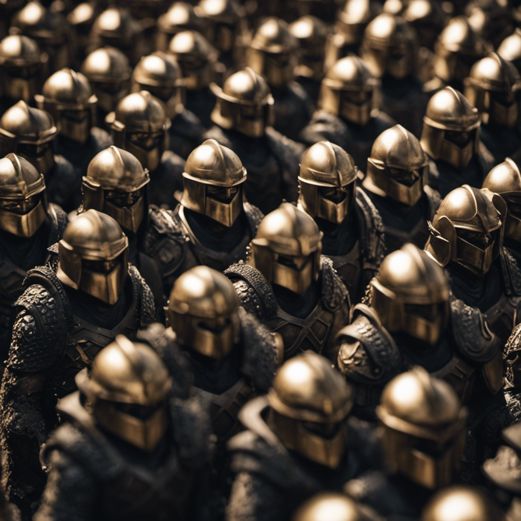 An image featuring a diverse group of confident men surrounded by a barrier of shields, symbolizing their resilience