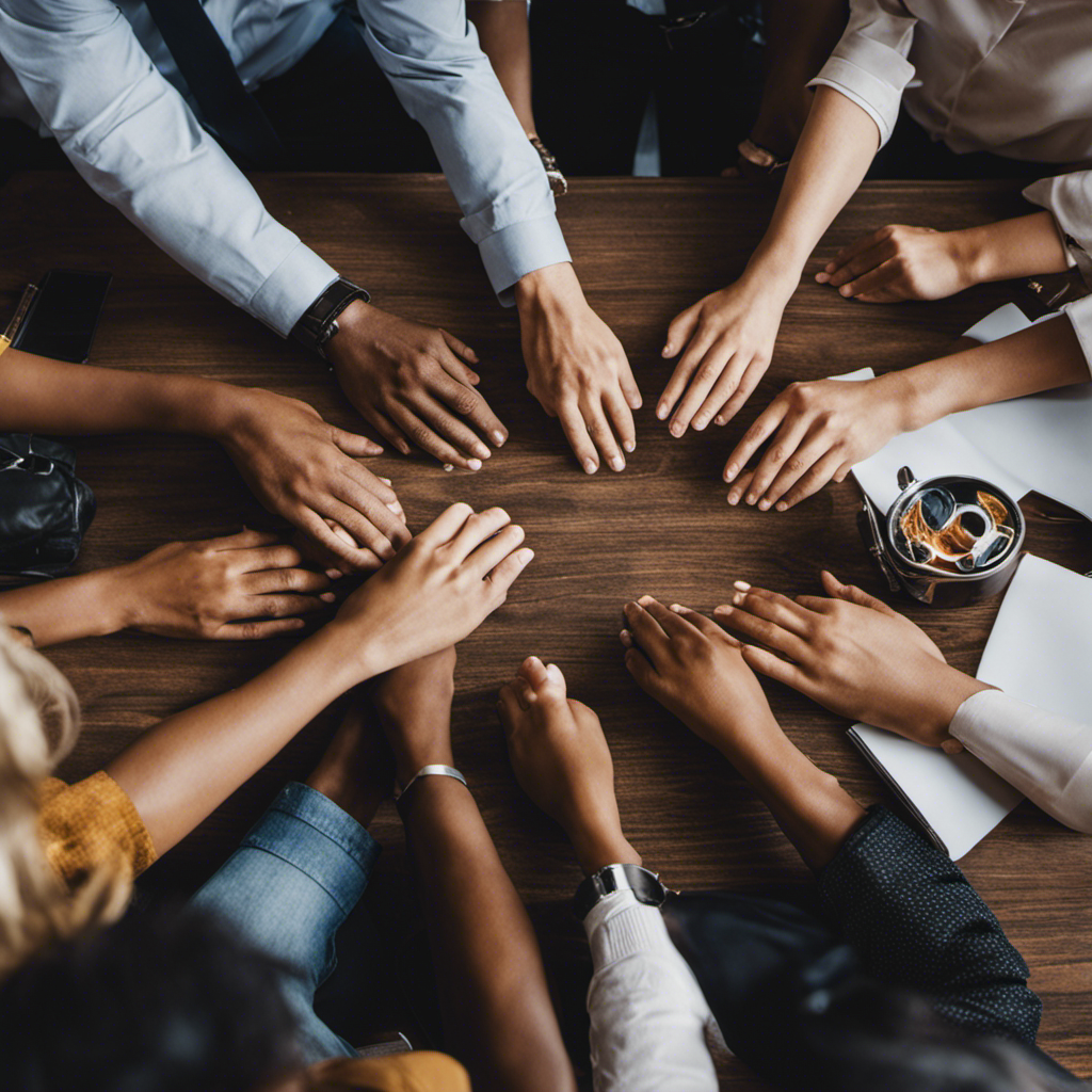 An image featuring a diverse group of feet pic sellers gathered around a table, engaged in deep conversation, exchanging ideas, and collaborating to enhance their businesses