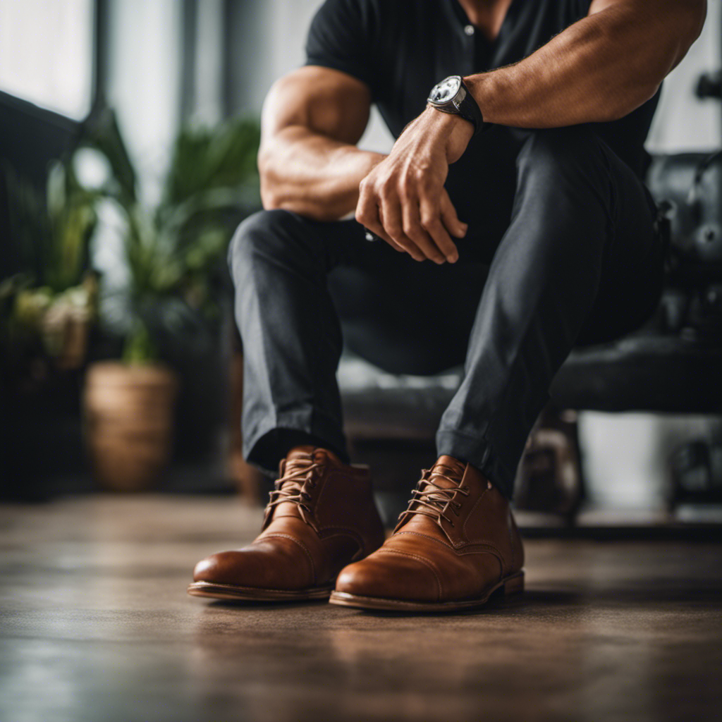 An image showcasing a confident, muscular man with well-groomed feet, comfortably posing with a camera in hand