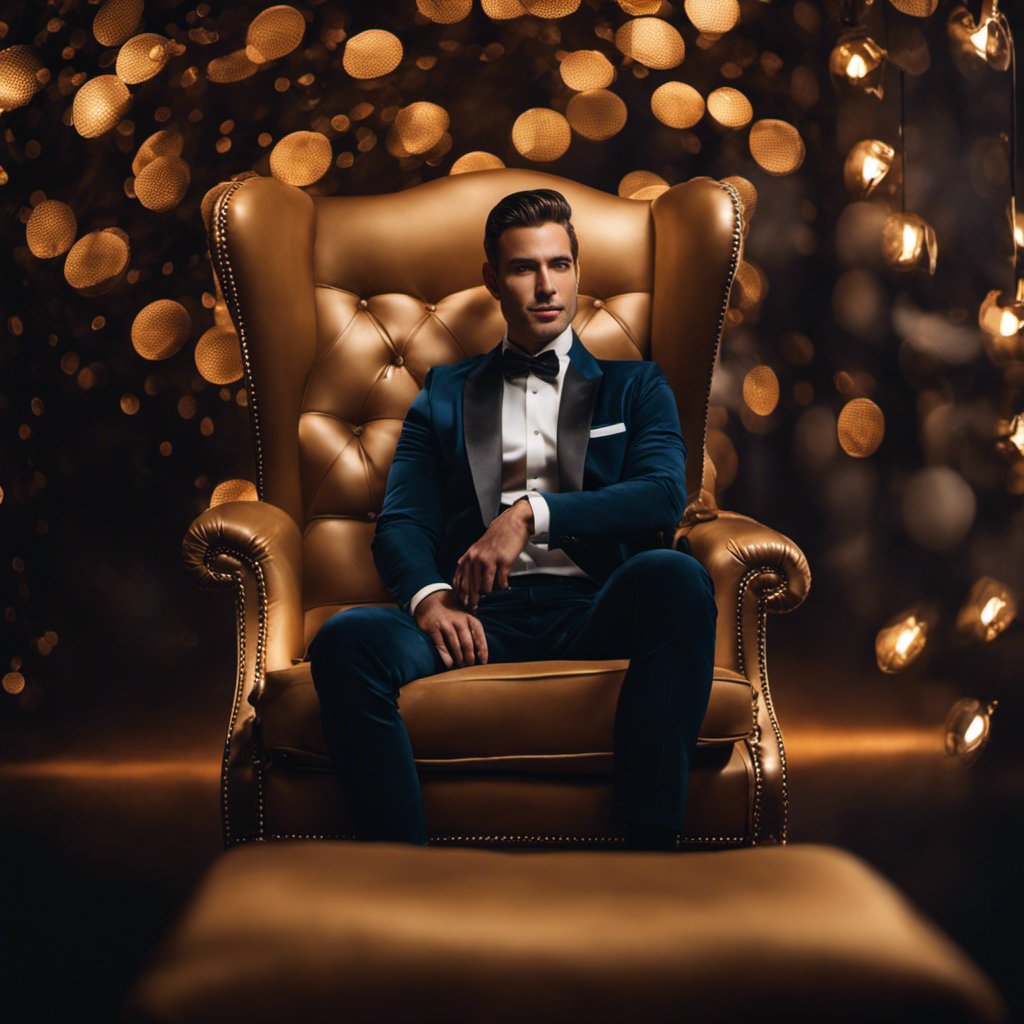 An image featuring a confident, stylishly dressed man sitting on a plush chair, proudly showcasing his well-groomed feet with a hint of a mischievous smile, surrounded by subtle lighting that accentuates his feet