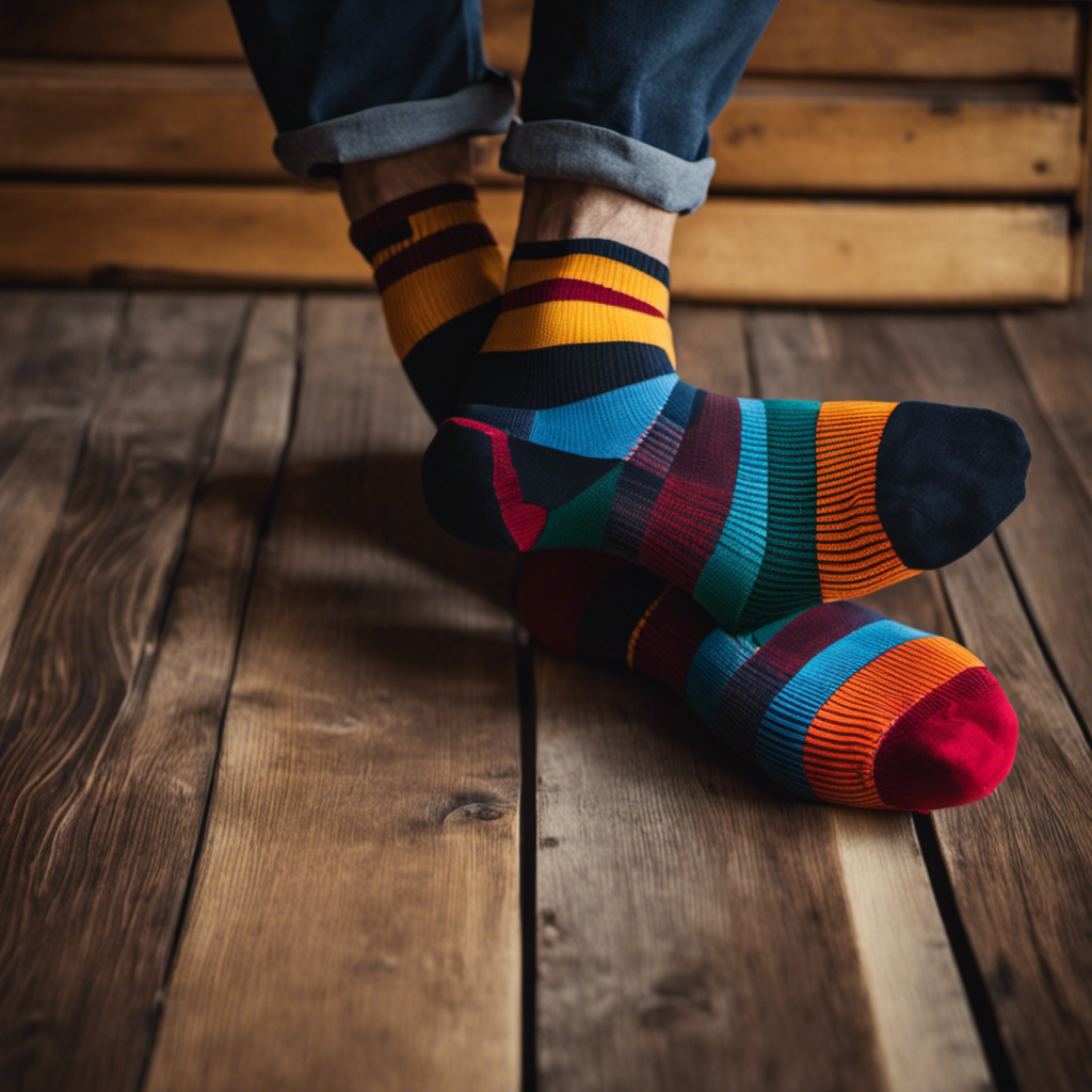An image showcasing a diverse range of male feet, each beautifully adorned with vibrant socks, resting on a wooden floor