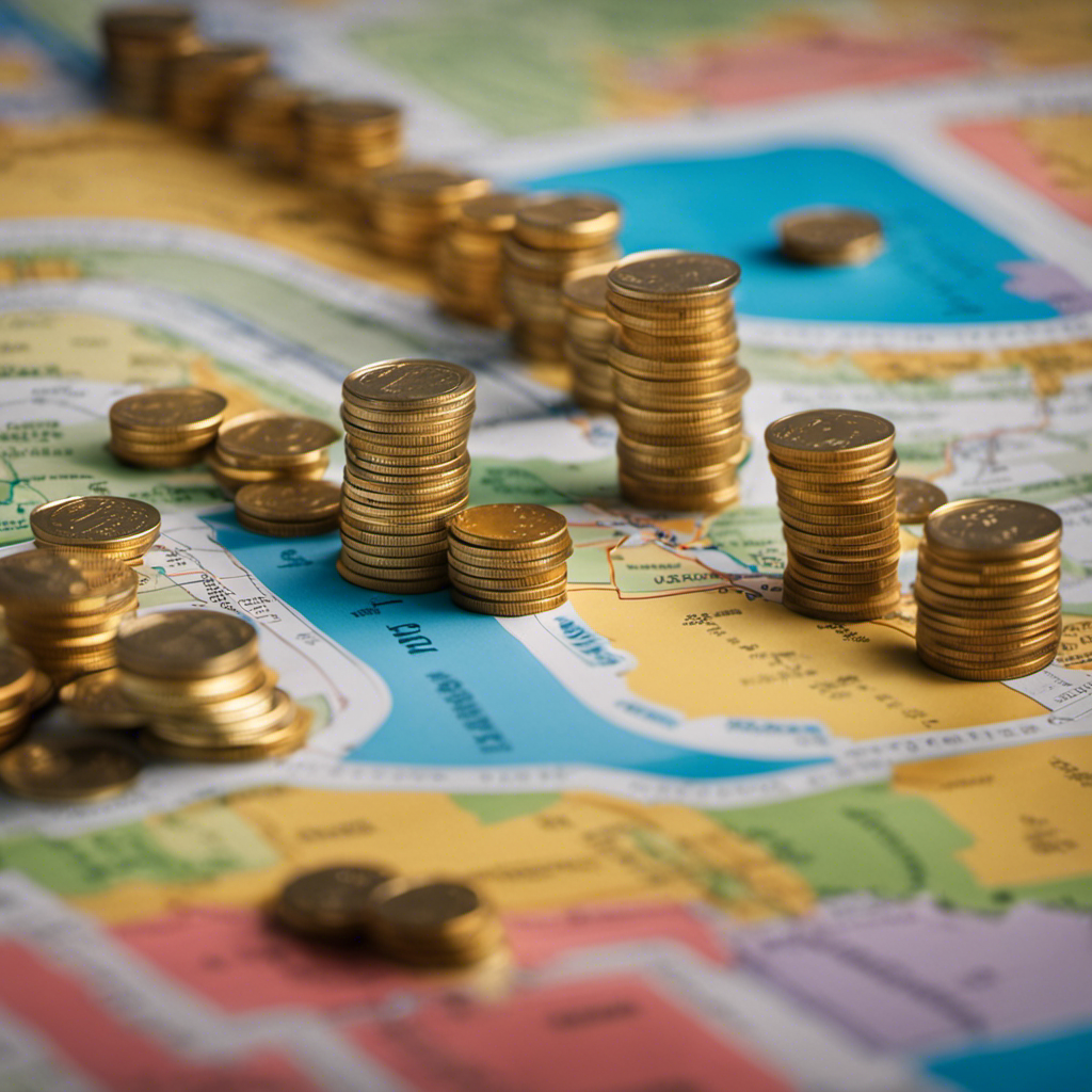 An image depicting a colorful, dynamic map with a clear path leading from a pile of coins to a financial goal destination, showcasing the journey of setting and achieving financial goals with well-defined timelines