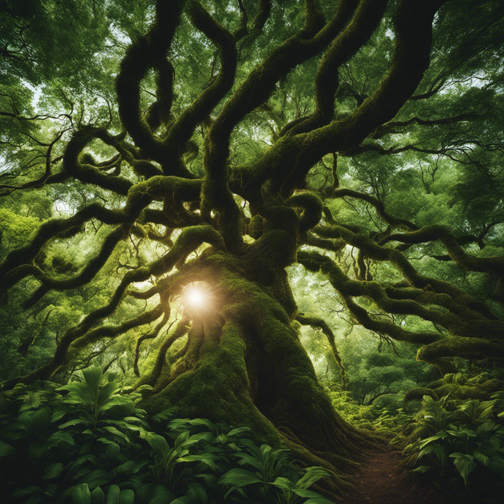 An image of a lush forest with intertwining roots, each representing a different financial component like investment, savings, and charity