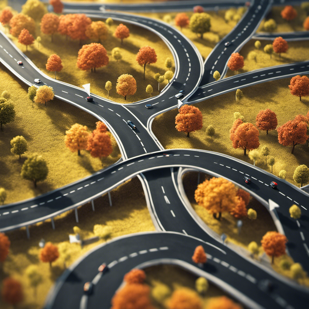 An image depicting a vibrant and intricate network of interconnected roads, with dollar signs and arrows flowing smoothly along the paths