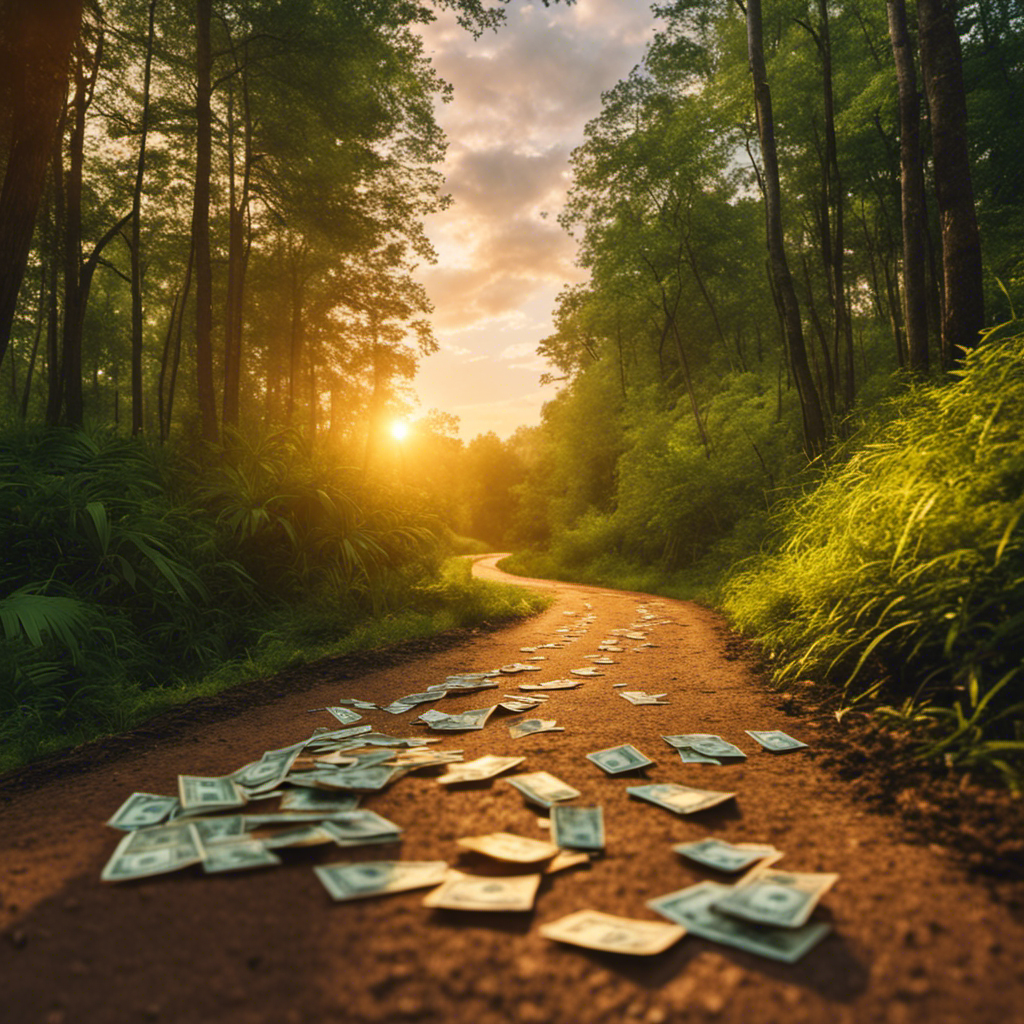 An image depicting a winding road through a lush forest, with dollar bills scattered on the path