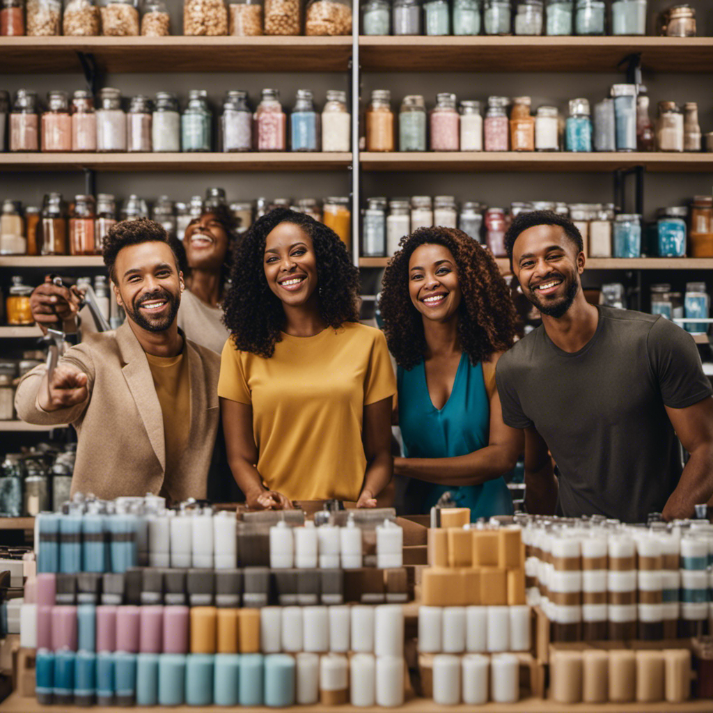 An image of a diverse group of smiling product testers, surrounded by shelves filled with various products waiting to be tested